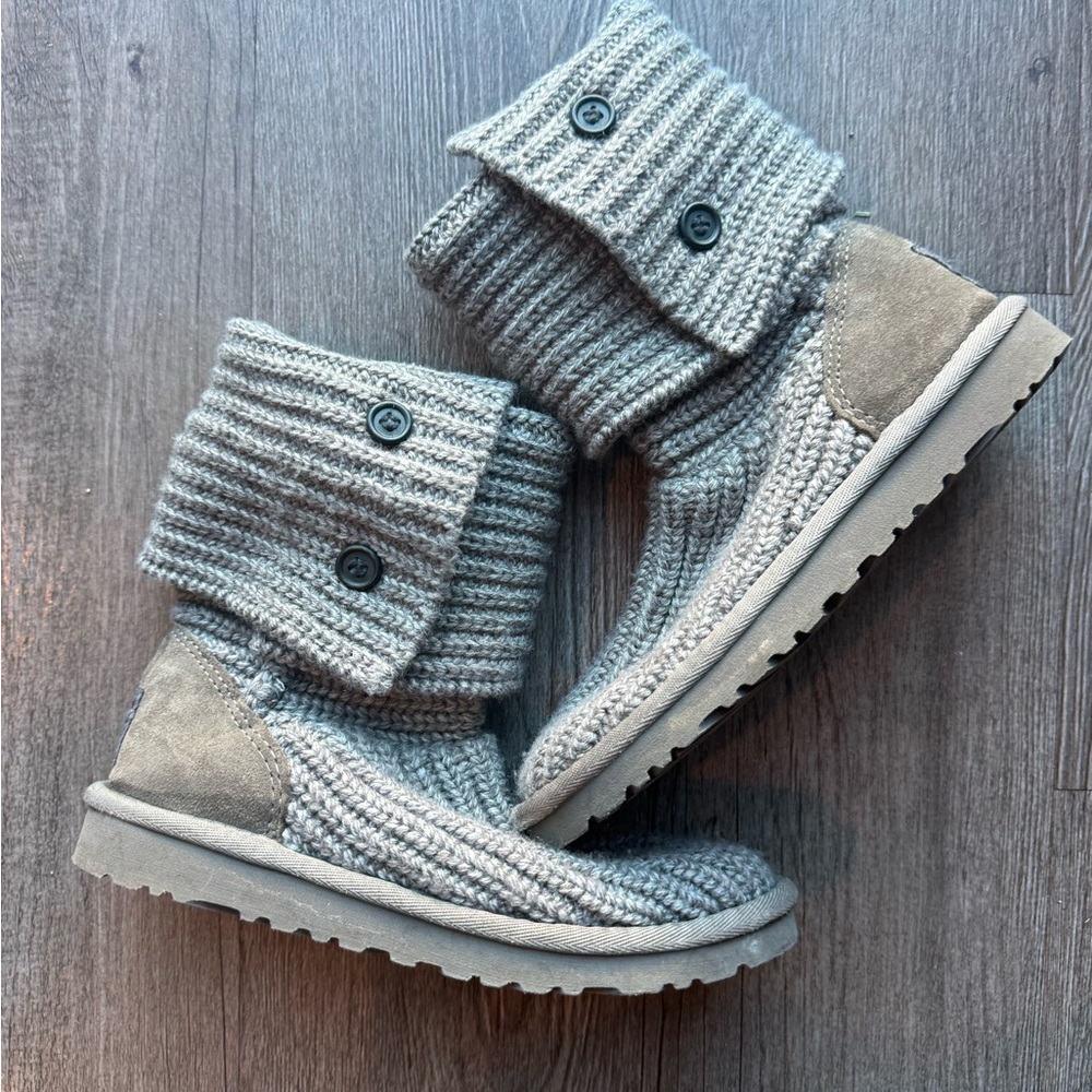 UGG Grey Knit Sweater Boots with Button Accents